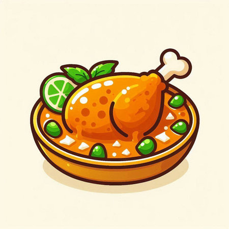 Crispy fried chicken with green peas and lemon. Vector illustration.のイラスト素材