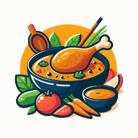 Illustration of a chicken soup in a bowl with vegetables. Vector illustration.のイラスト素材