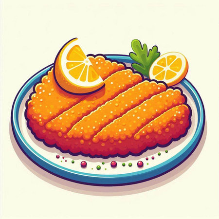 Illustration of fried fish fillet with lemon and parsley on plateのイラスト素材