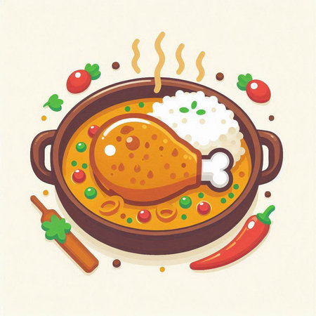 Illustration of chicken with rice and vegetables in a clay pot.のイラスト素材
