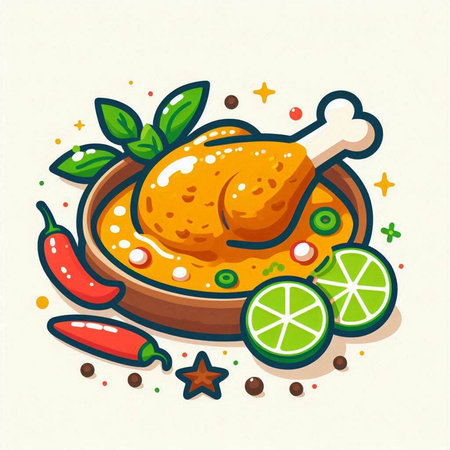 Curry chicken with lime and pepper. Hand drawn vector illustration.のイラスト素材