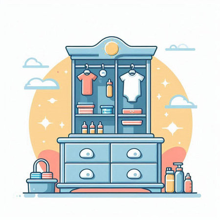 Cupboard with clothes and accessories. Vector illustration in flat styleのイラスト素材