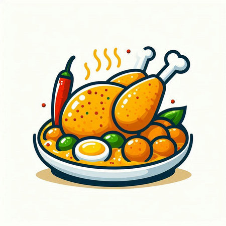 Illustration of a plate of chicken with egg and pepper. Vector illustration.のイラスト素材