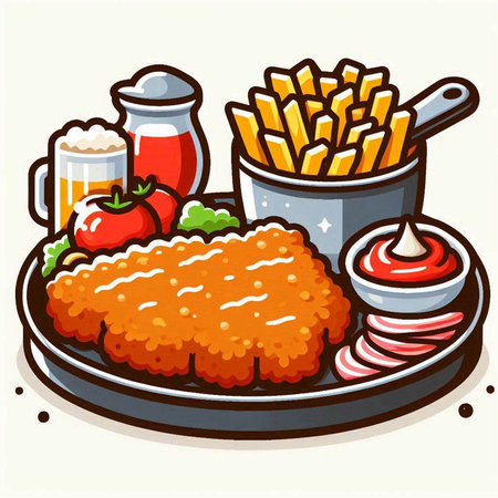 Illustration of fried chicken with french fries and beer on a plateのイラスト素材