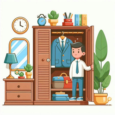 Businessman standing in front of the wardrobe. Vector illustration in cartoon style.のイラスト素材