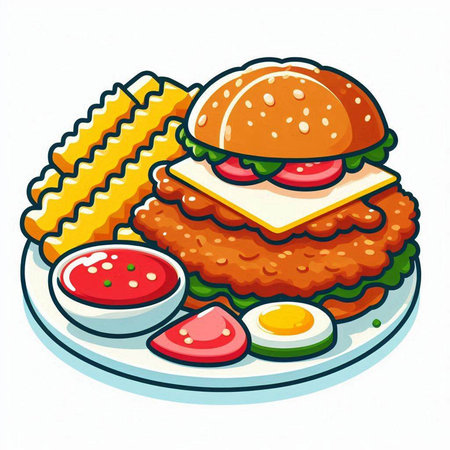 Illustration of a hamburger with fries on a white background.のイラスト素材