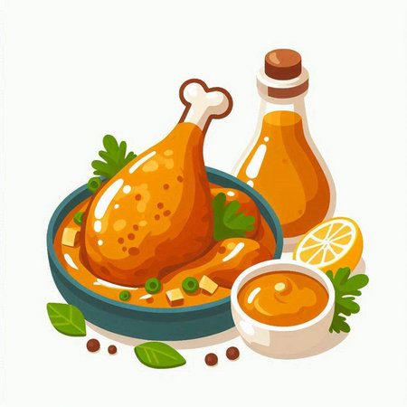Baked chicken with spices and sauce in bowl. Vector illustration.のイラスト素材