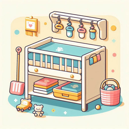 Illustration of a baby room with a bed, toys and toysのイラスト素材