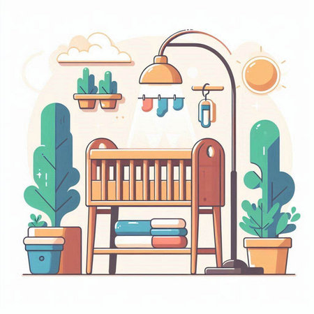 Baby room interior with crib, lamp and cot. Vector illustration.のイラスト素材