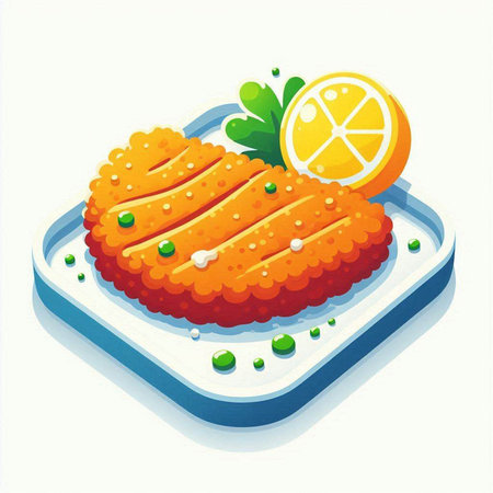 Fried fish fillet with lemon on a plate. Vector illustrationのイラスト素材