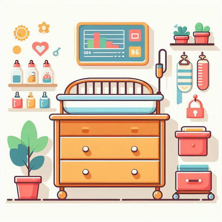 Illustration of a baby room with furniture and accessories. Vector illustration.のイラスト素材