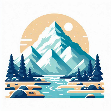 Mountain landscape. Vector illustration in flat style. Mountain lake.のイラスト素材