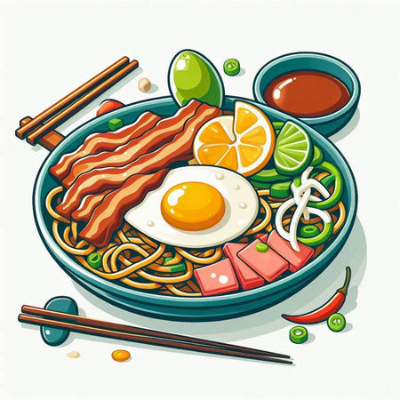 Japanese noodle soup with fried egg, vegetables and chopsticks. Vector illustrationのイラスト素材