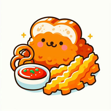 Cute cartoon bread character with kawaii food. Vector illustration.のイラスト素材