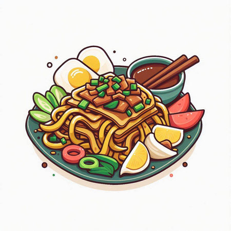 Illustration of yakisoba noodle with beef, egg and vegetablesのイラスト素材