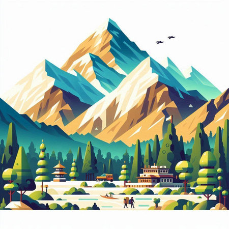 Mountain landscape with a lot of trees and mountains. Vector illustrationのイラスト素材