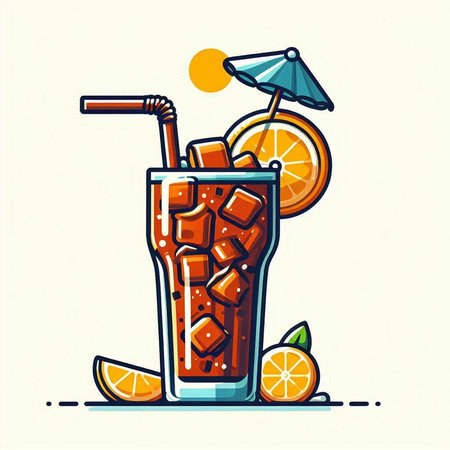 Cuba libre cocktail with ice cubes, orange and straw. Vector illustration.のイラスト素材