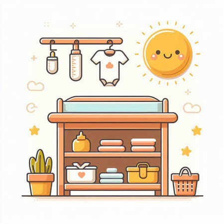 Illustration of a baby room with furniture and accessories. Vector illustration.のイラスト素材