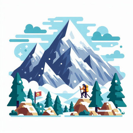 Winter mountain landscape with snow and trees. Flat style vector illustration.のイラスト素材