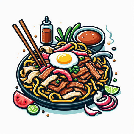 Noodles with meat, vegetables and egg. Vector illustration.のイラスト素材