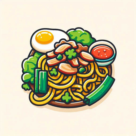 Noodles with meat, egg and vegetables. Vector illustration.のイラスト素材