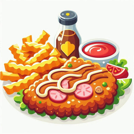 Illustration of hot dog with french fries, tomato sauce and ketchupのイラスト素材