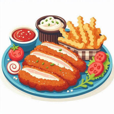 Illustration of fried chicken fillet with french fries and sauce.のイラスト素材