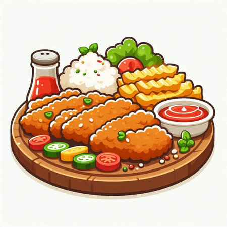 Illustration of fried chicken nuggets with vegetables and sauce on wooden boardのイラスト素材