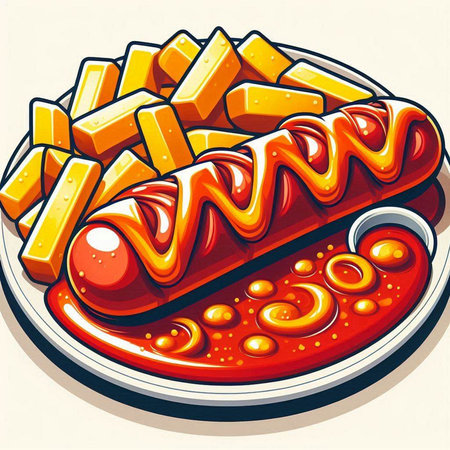 Illustration of a hot dog on a plate with french fries.のイラスト素材