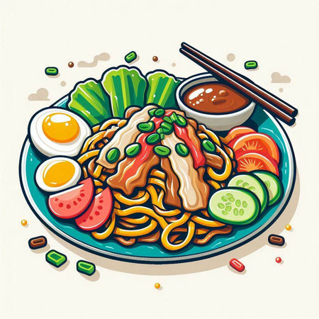 Noodles with meat, vegetables and egg. Vector illustration.のイラスト素材