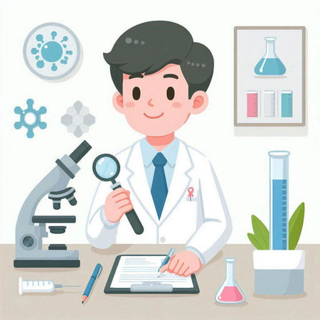Illustration of a male scientist doing a research in a laboratory.のイラスト素材