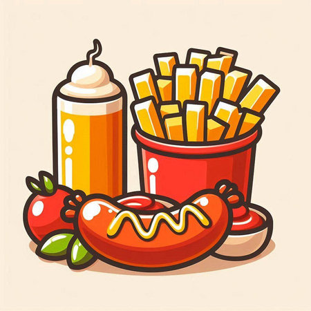 French fries and hot dog with mustard and ketchup, vector illustrationのイラスト素材