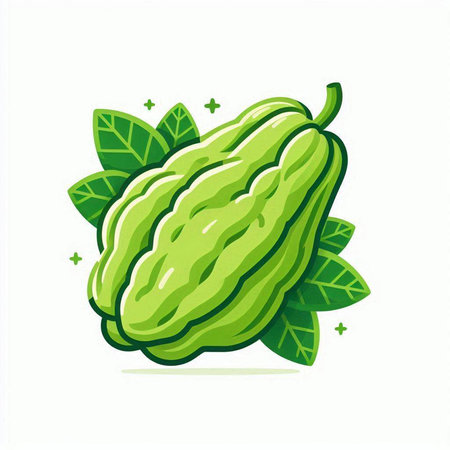 Chayote vector illustration isolated on white background. Green papaya with leaves.のイラスト素材