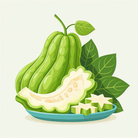Vector illustration of fresh green papaya and star fruit on plate.のイラスト素材