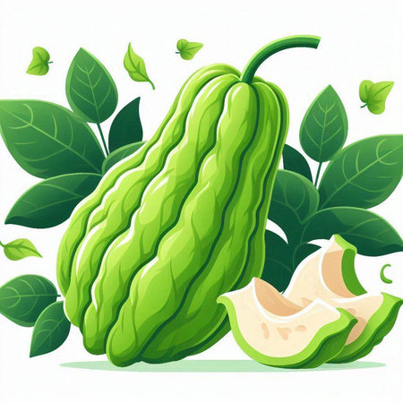 Vector illustration of green chayote with leaves on white background.のイラスト素材