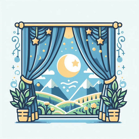 Curtains with moon and stars. Vector illustration in a flat style.のイラスト素材