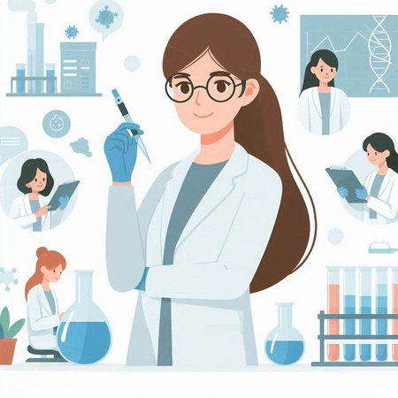 Scientist woman in laboratory. Vector illustration in flat cartoon style.のイラスト素材