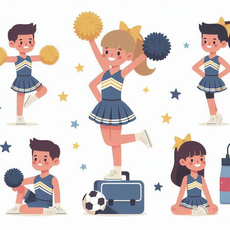 Cheerleaders and football fans vector illustration. Cheerful cheerleaders in uniform with pompoms and football ball. Cheerleaders and football fans.のイラスト素材