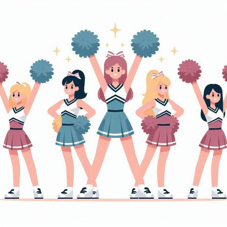 Cheerleaders with pompoms and pom-poms. Vector illustration in cartoon style.のイラスト素材