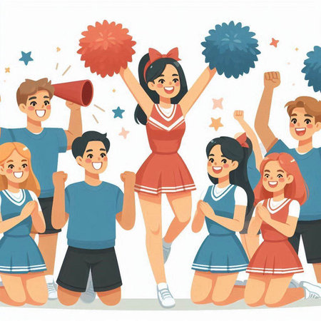 Cheerleaders with pompoms and pom poms. Cheerful young people cheerleading. Vector illustrationのイラスト素材