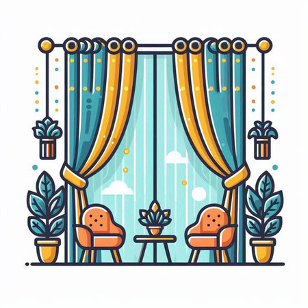 Curtains with curtains and armchairs. Interior decoration. Vector illustration.のイラスト素材