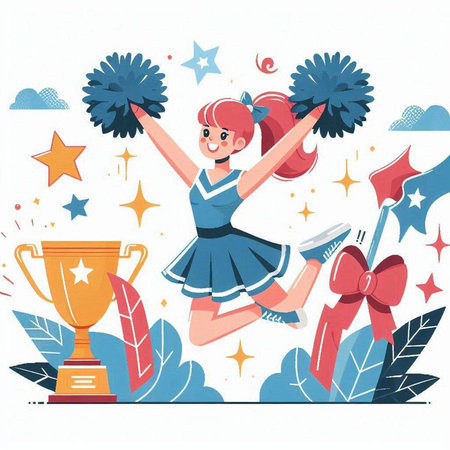Cheerleader with trophy and pompoms. Vector illustration in flat styleのイラスト素材
