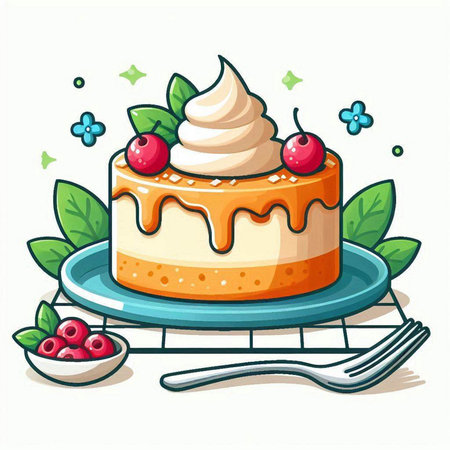 Cake with cream and berries on a plate. Vector illustration.のイラスト素材