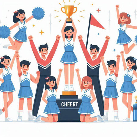 Cheerleaders with a winners podium. Cheerleaders in uniform. Vector illustration.のイラスト素材