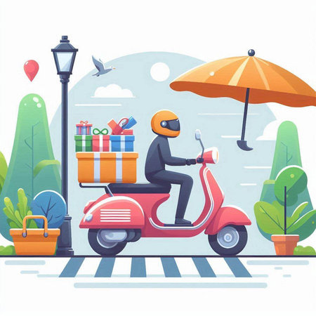 Delivery man on scooter with box of gifts. Vector illustration.のイラスト素材