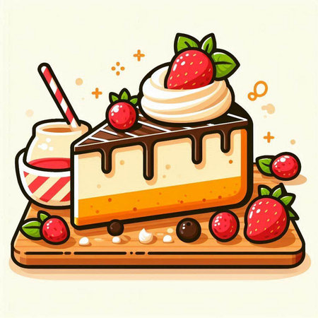 Illustration of a piece of cake with strawberries and whipped cream.のイラスト素材
