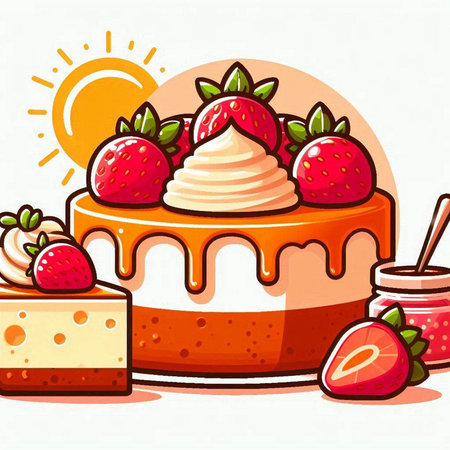 Strawberry cake with whipped cream and strawberries. Vector illustration.のイラスト素材