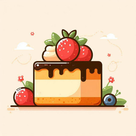 Piece of cake with strawberries and cherries. Vector illustration.のイラスト素材