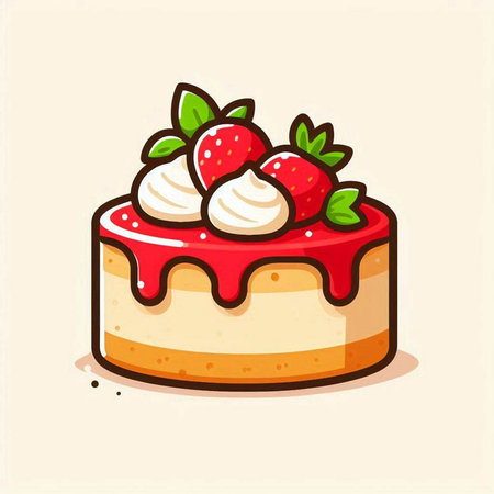 Illustration of a Strawberry Cheesecake with whipped cream and fresh strawberriesのイラスト素材