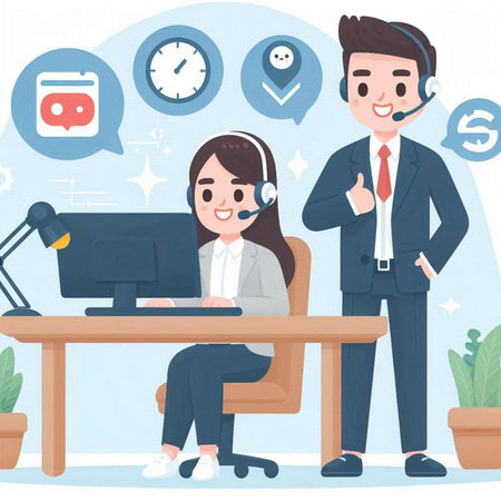 Illustration of a man and a woman in a call center.のイラスト素材